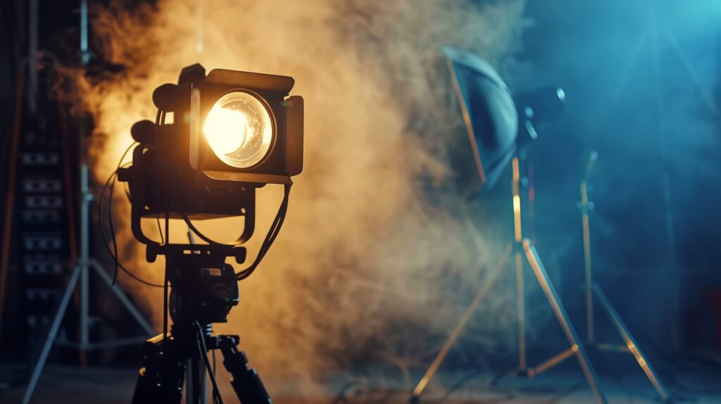 cinematography maker video photography set tools electric room dark smoke lights led blurred silhouette film production background using spotlight audio director lamp cinema motion picture