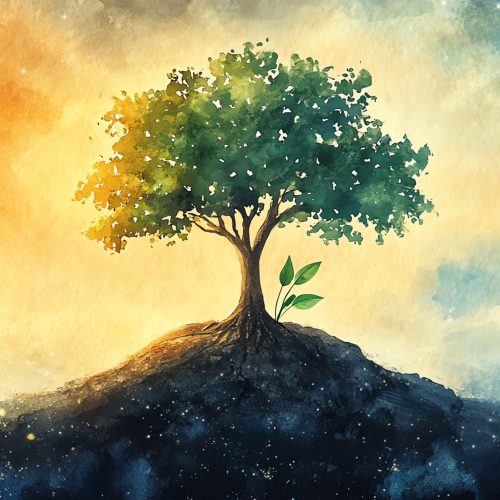 Watercolor depiction of a mustard seed sprouting into a small plant, with a majestic tree looming in the background, illustrating spiritual growth and transformation