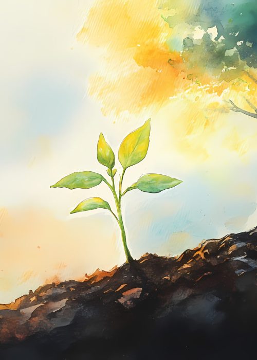 Watercolor depiction of a mustard seed sprouting into a small plant, with a majestic tree looming in the background, illustrating spiritual growth and transformation. Looming. Illustration