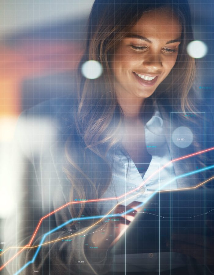 Business woman, tablet and stock market in double exposure for trading profit, increase and data growth at night. Happy trader, analyst or investor with finance graphs, arrow or statistics in overlay.