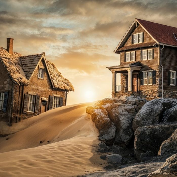 House constructed on the sand vs house constructed on a rock. Parable of the wise and foolish builders. Gospel of Matthew. Hearing Jesus' teachings and putting them into practice. Sunset sky.